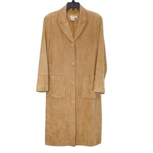 Tyler Boe Leather Trench Coat Genuine Leather Button Front Jacquard Tan Womens M
